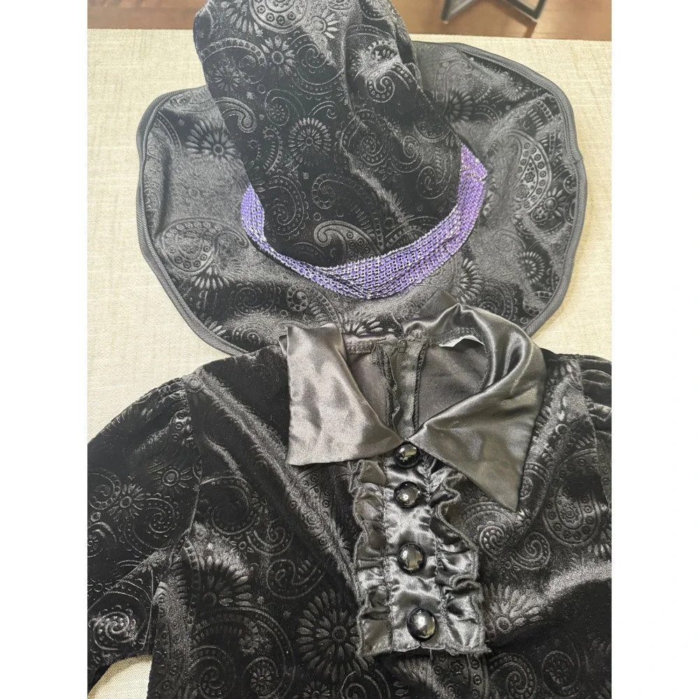 Spirit Halloween Kids Witch Costume Black Purple Paisley Tulle Dress Hat Medium
